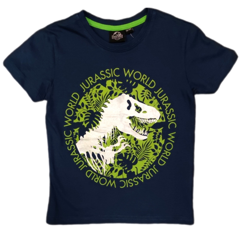 T-Shirt mit Tyranosaurus Rex Dinosaurier aus Jurassic World. Die Farbe des Shirts ist Dunkelblau